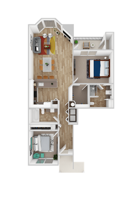 Floor plan for 2 beds, 2 baths, 1069 sqft